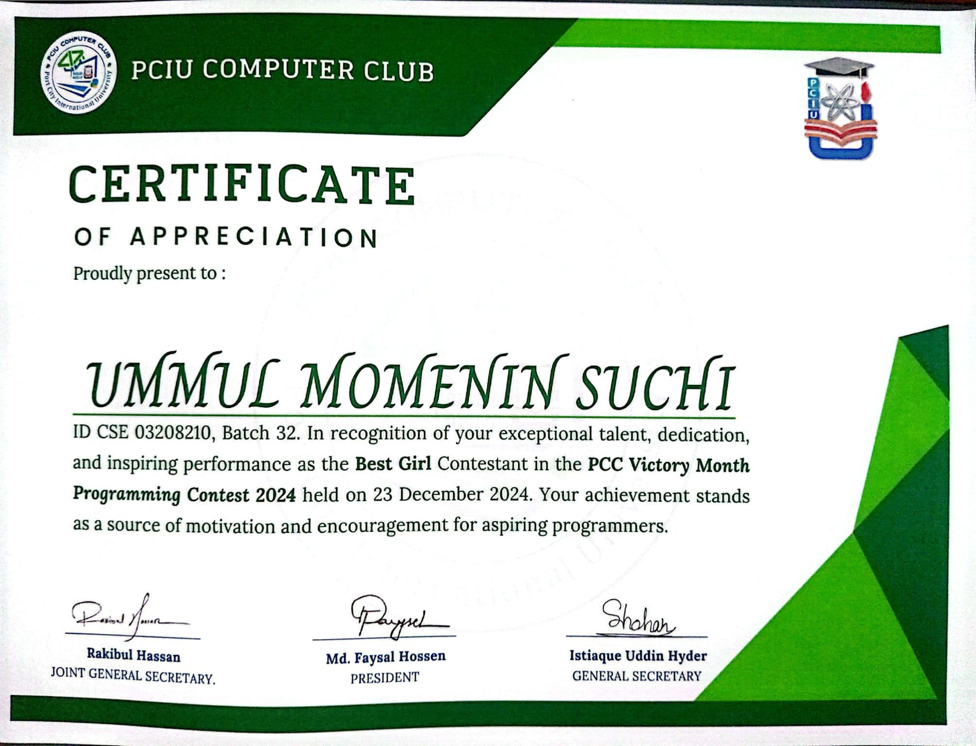 Best Girl Contestant - PCC Victory Month Programming Contest 2024 certificate