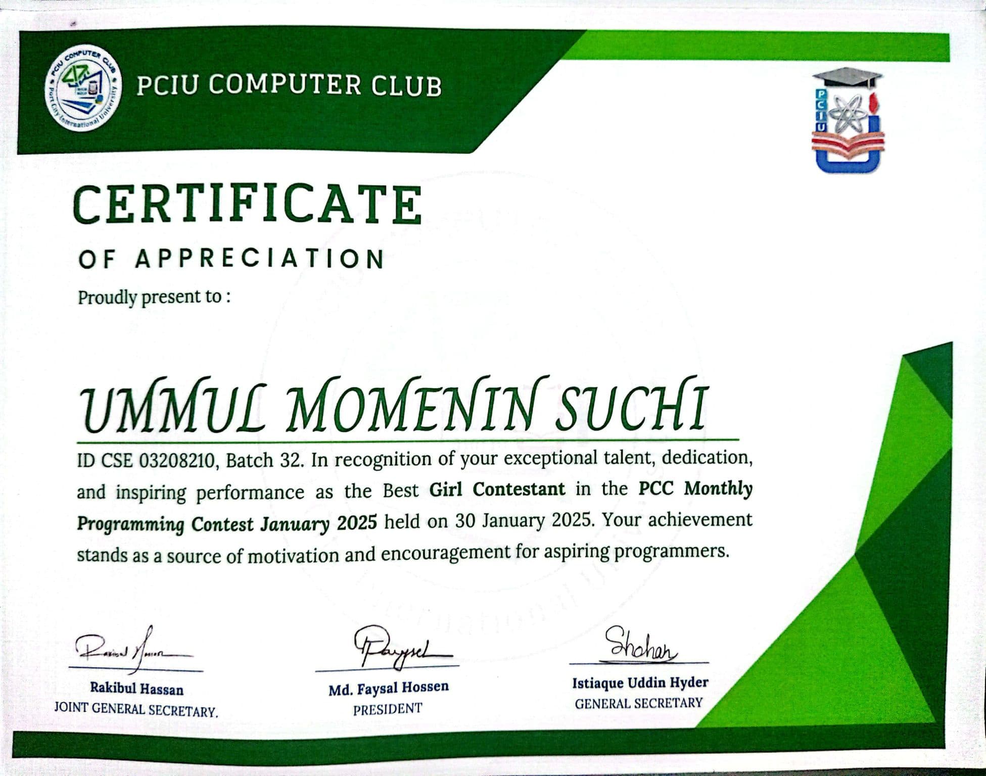 Best Girl Contestant - PCC Monthly Programming Contest January 2025 certificate